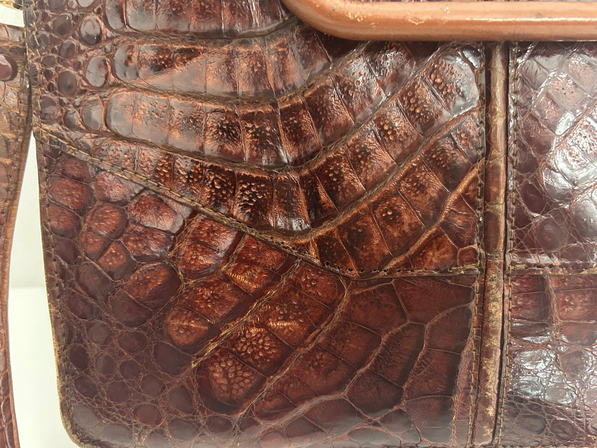 Vintage 1970s Brown Crocodile Skin Leather Handbag With Detachable Shoulder Strap