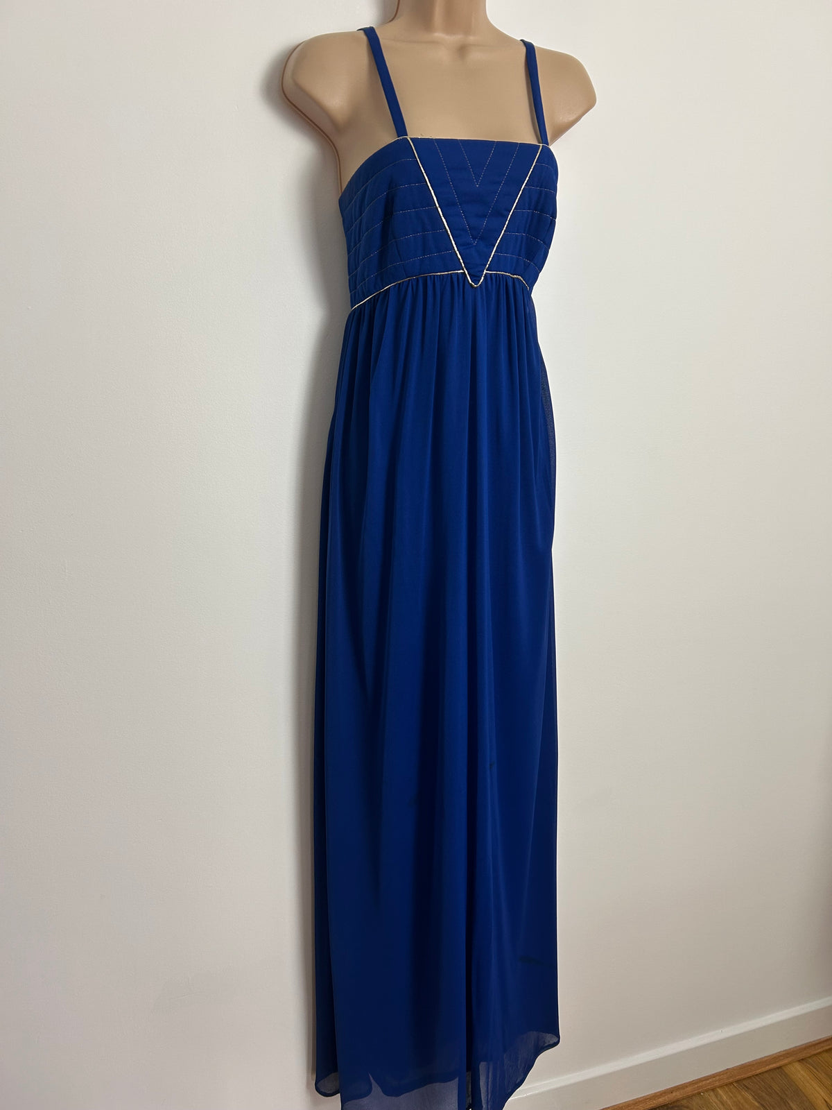 Vintage 1970s MUREK MODELL UK Size 8 Royal Blue & Gold Piping Trim Empire Line Occasion Maxi Dress
