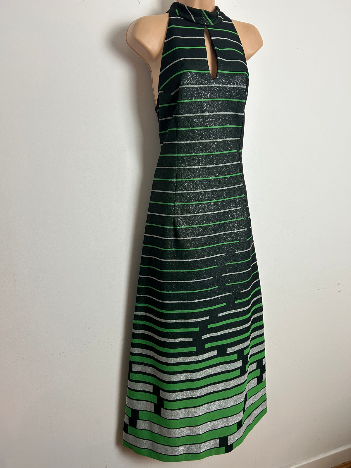 Vintage 1970s LEROSE Size 12 Black Silver & Green Stripe Keyhole Lurex Sleeveless Occasion Maxi Dress