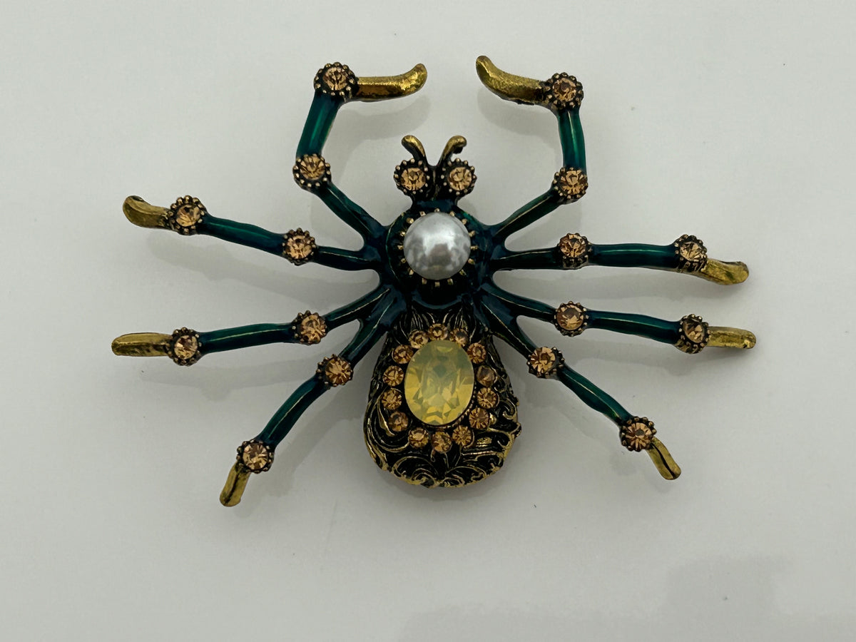 Vintage Gold Tone Green Enamel & Diamante Set Large Spider Pin Brooch