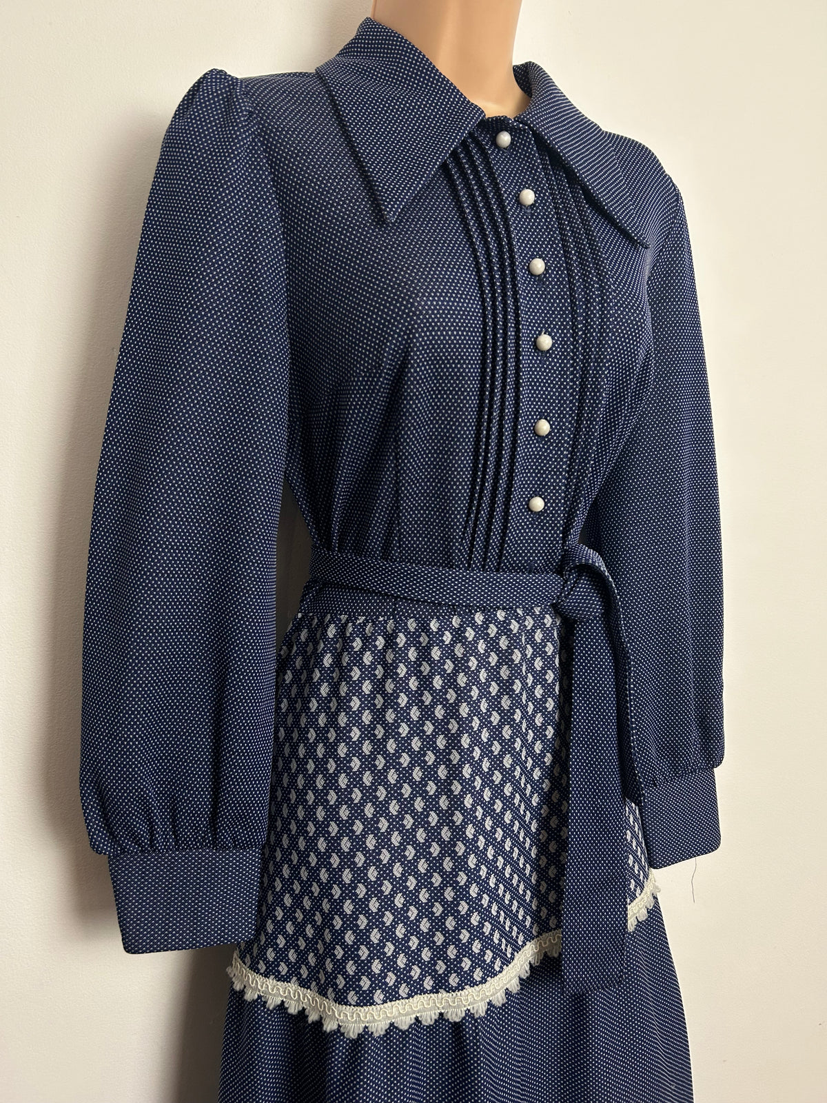 Vintage 1970s Size 12 Dark Blue Polka Dot & Abstract Print Dagger Collared Belted Tiered Maxi Dress