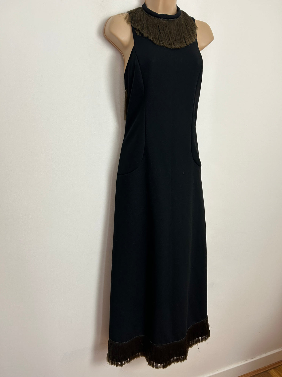 Vintage 1970s UK Size 8 Black Sleeveless Fringe Tassel Trim Evening Occasion Maxi Dress