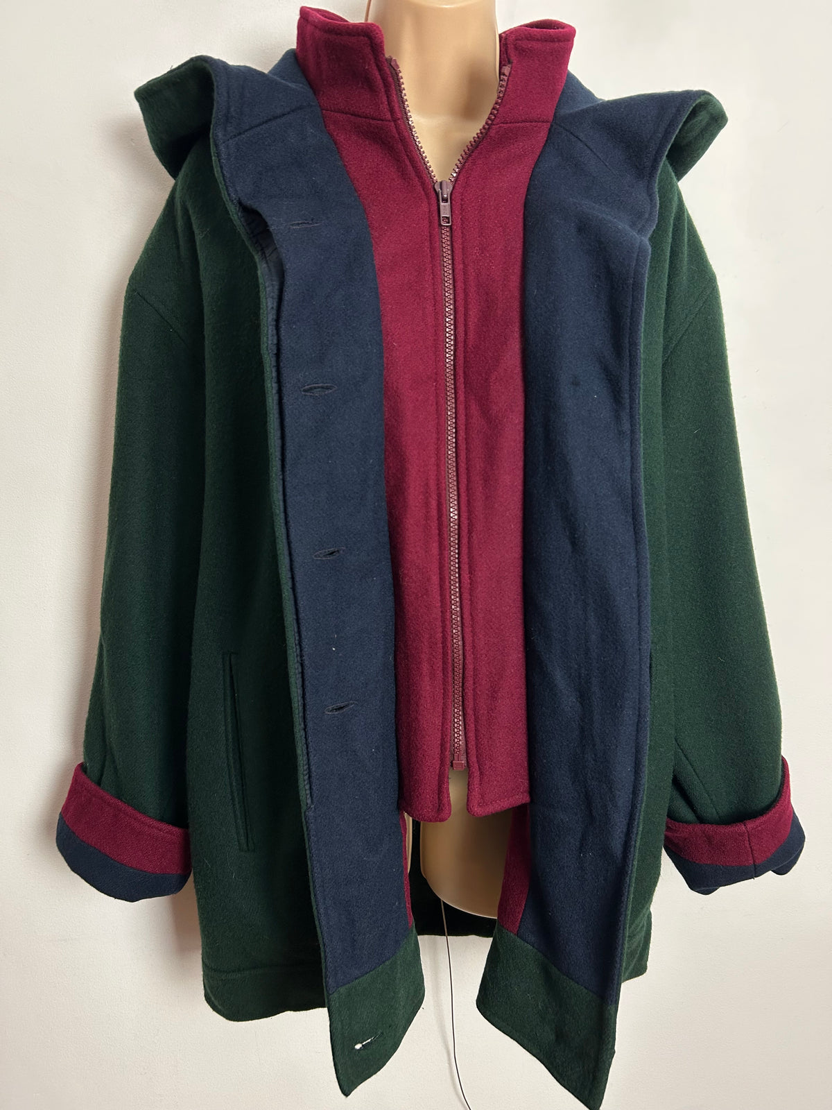 Vintage 1980s HERMAN KAY PETITES Up To Size 14-16 Dark Green Red & Navy Wool Blend Hooded Jacket
