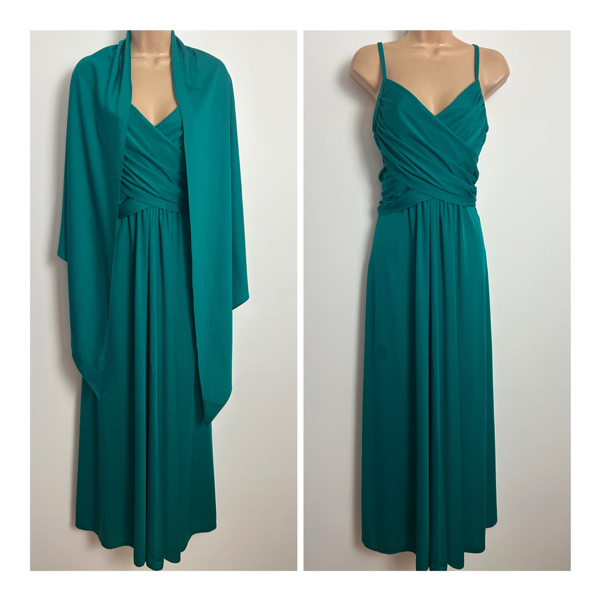 Vintage 1970s BERKERTEX CONTINENTALS Size 8 Dark Teal Ruched Cross Over Bodice Evening Dress & Matching Shawl