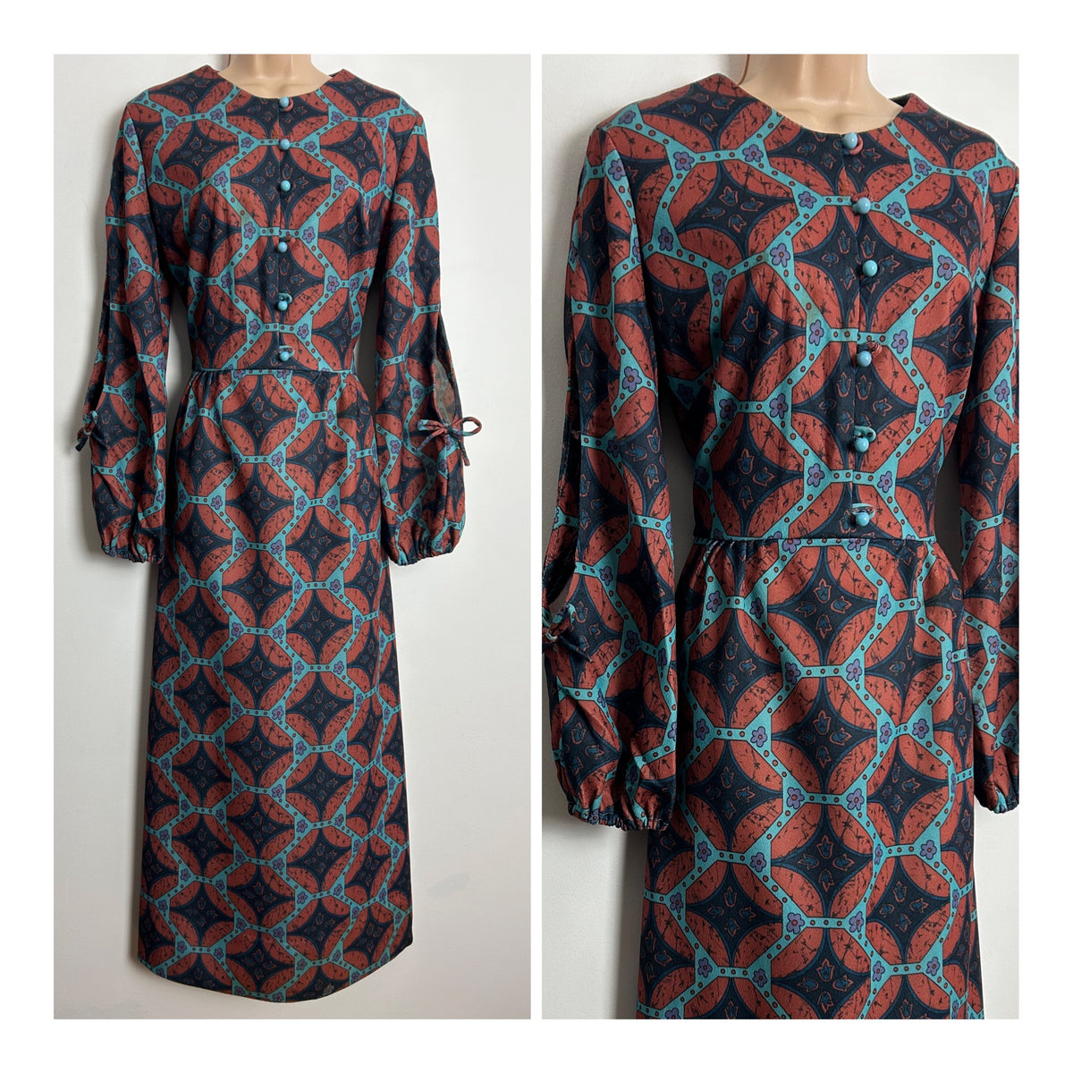 Vintage 1970s UK Size 12-14 Rust Brown Teal & Turquoise Abstract Print Long Split Sleeve Maxi Dress