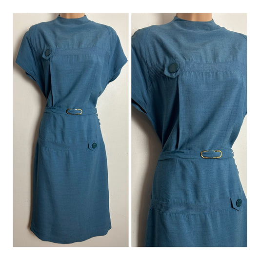 Vintage Original 1940s Size 10-12 Blue Cotton Stitch & Tab Detail Belted Day Dress