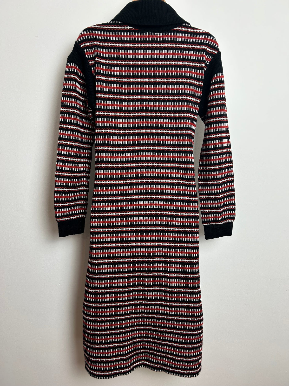 Vintage Late 1970s ST MICHAEL Size 14-16 Black Red & White Stripe Knitted Long Sleeve Shift Jumper Style Dress