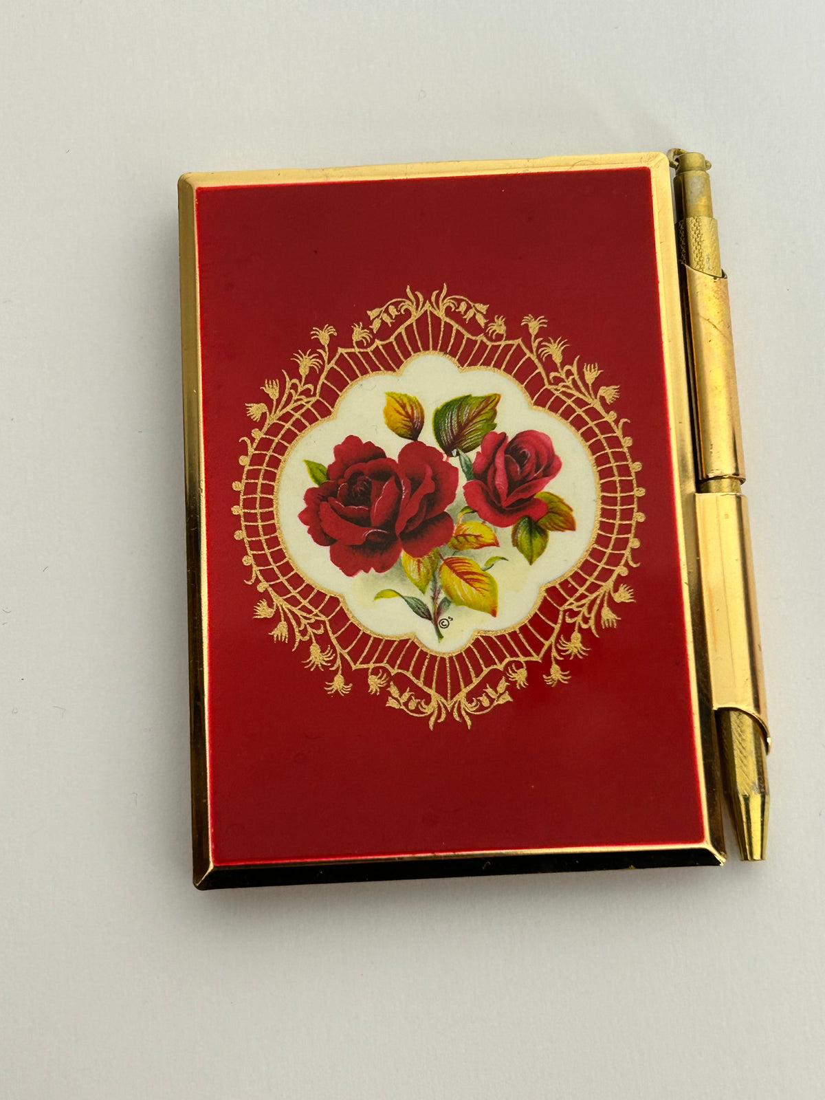 Vintage STRATTON Gold & Red Floral Rose Pocket Notepad Holder & Pen (Please Read)