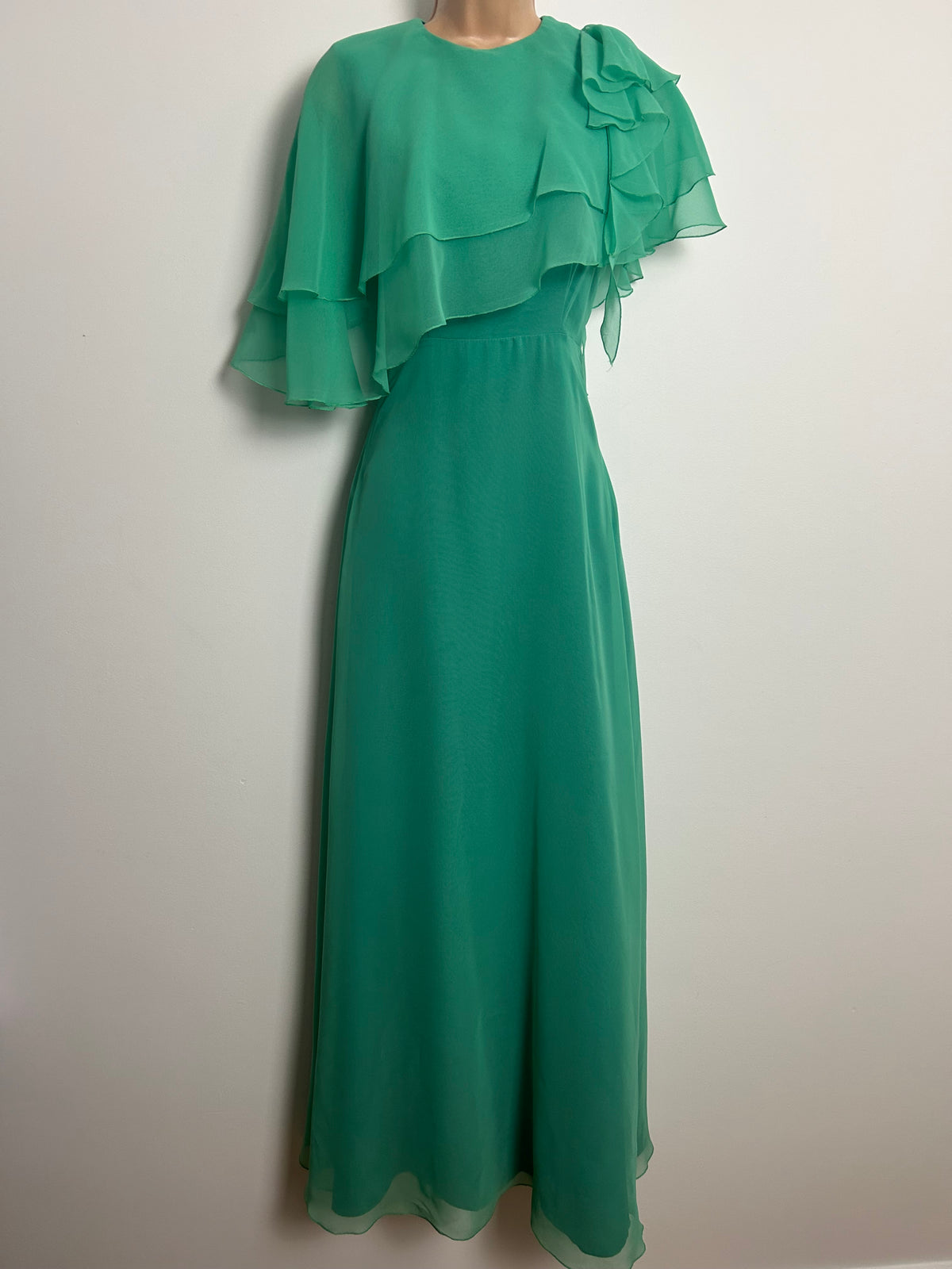 Vintage 1970s JOHN CHARLES Size 8-10 Jade Green Chiffon Layered Bodice Boho Occasion Maxi Dress