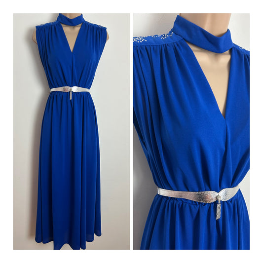 Vintage THE HOUSE OF SAINT NICHOLAS Size 8-10 Royal Blue Rhinestone Detail Belted Evening Maxi Dress