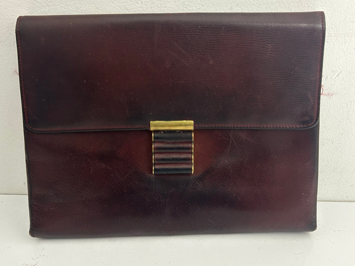 Vintage 1940s Dark Reddish Brown Real Leather Clutch Handbag With Hand Strap