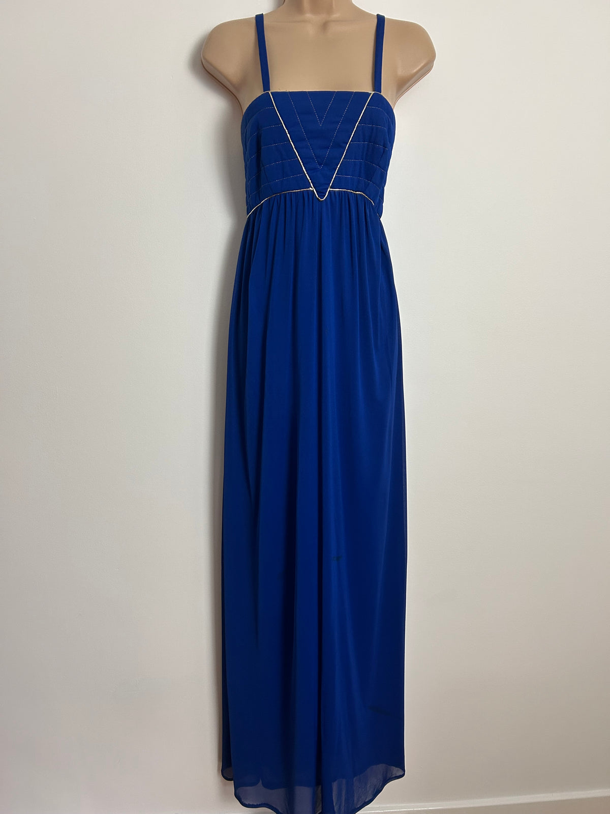 Vintage 1970s MUREK MODELL UK Size 8 Royal Blue & Gold Piping Trim Empire Line Occasion Maxi Dress