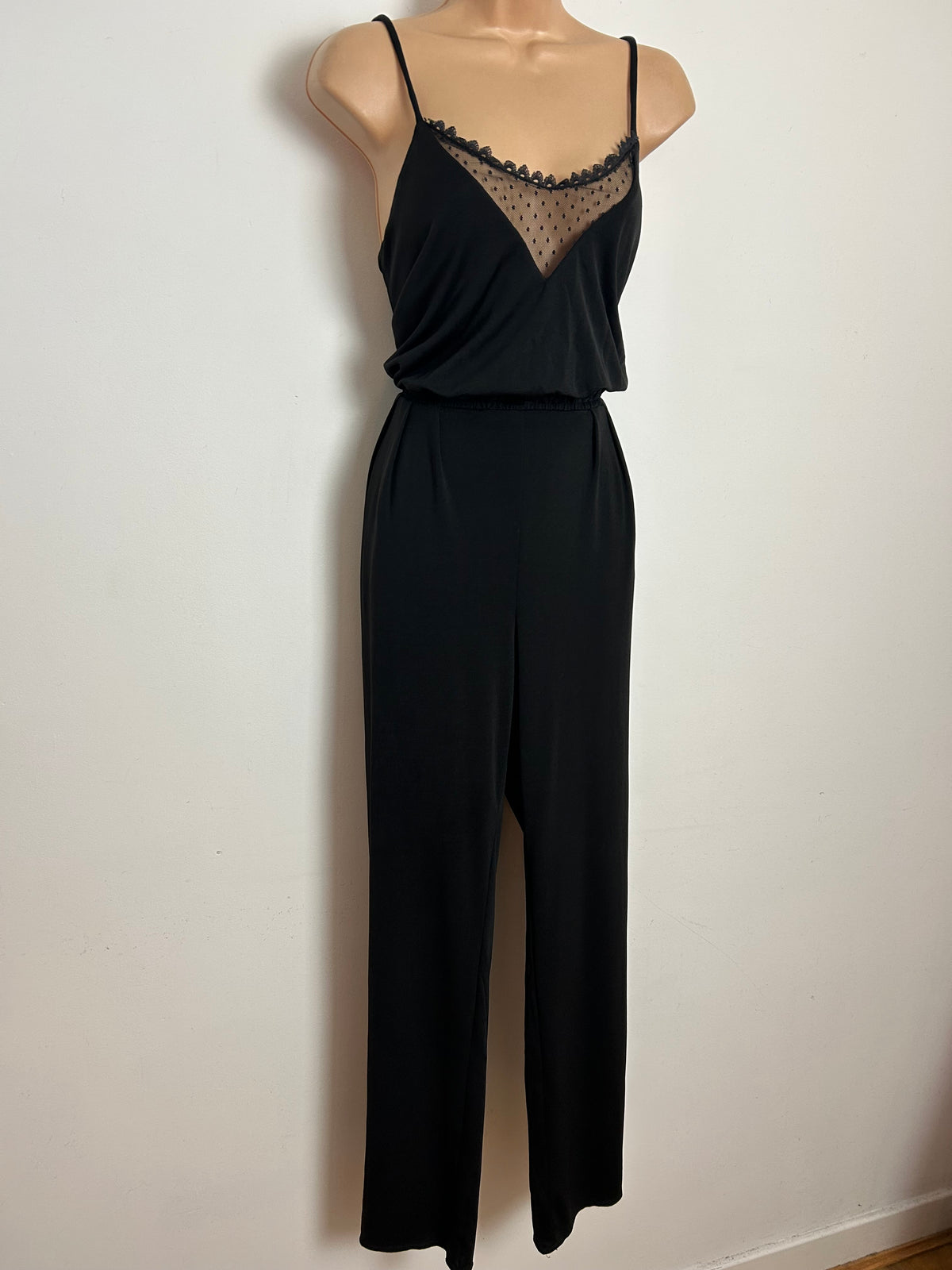 Vintage Late 1970s JOHN MARKS BY ANNE TYRELL Size 8-10 Black Mesh Panel Straight Leg Jumpsuit