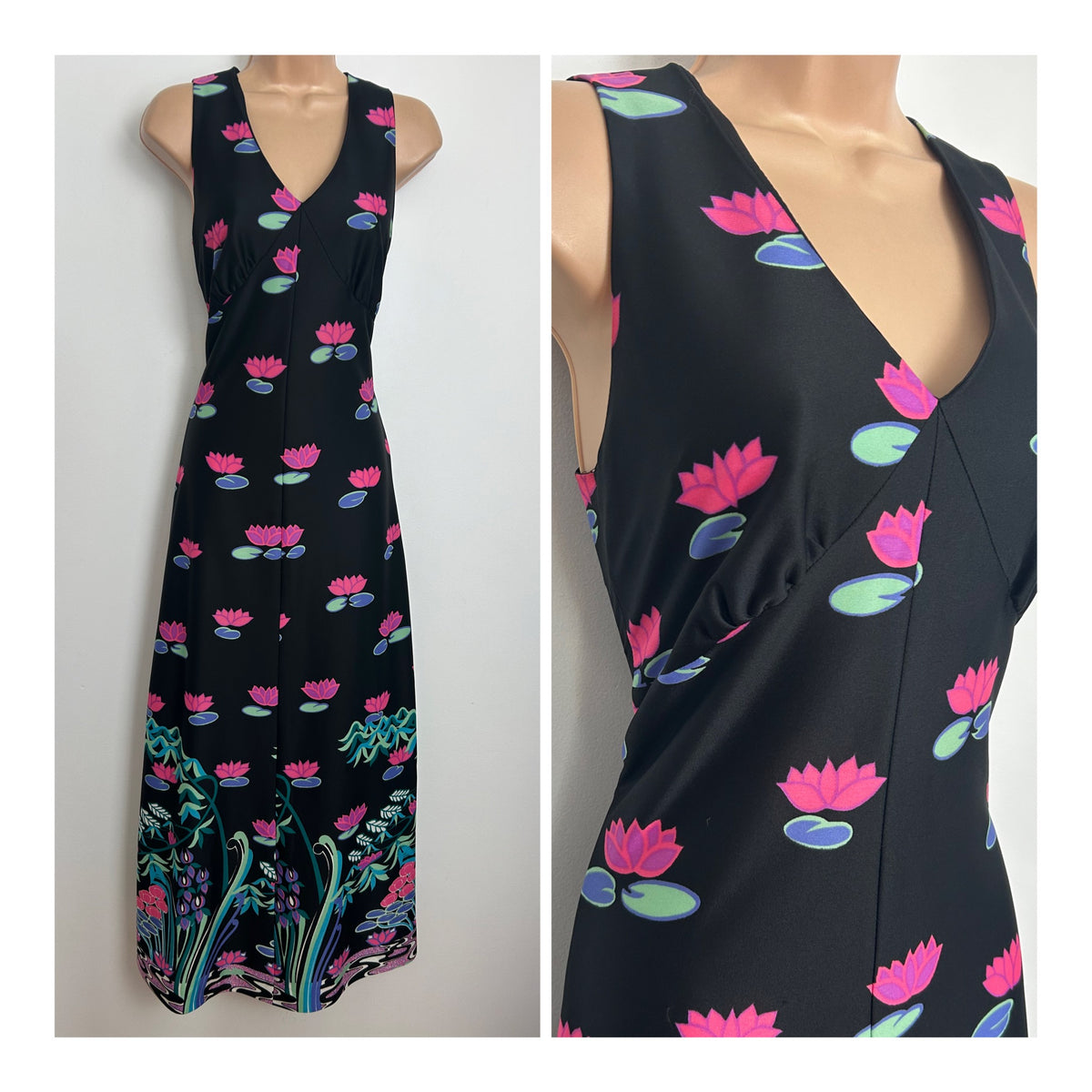 Vintage 1970s Size 10 Black Pink Blue 7 Mint Green Waterlily & Lillypad Print Maxi Dress