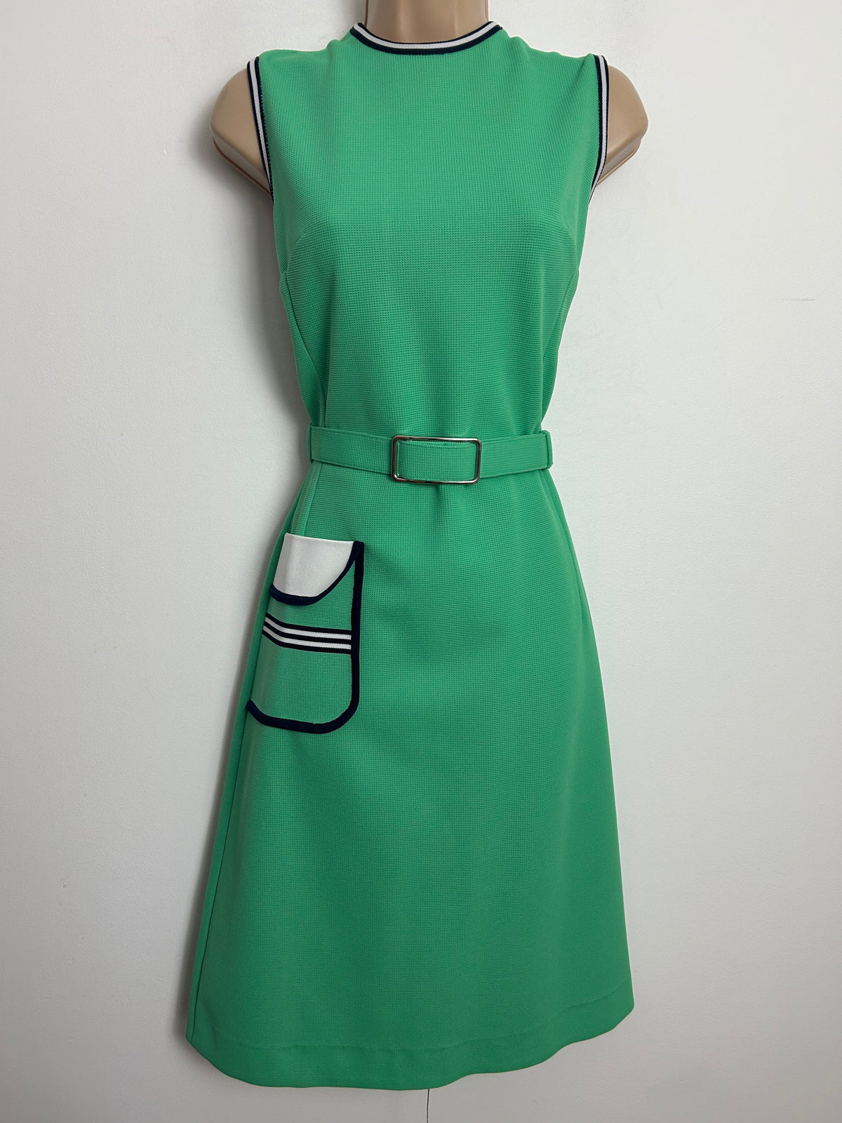 Vintage 1960s LEROSE Size 8 Green Piping Trim Belted Pocket Detail Mod Dress