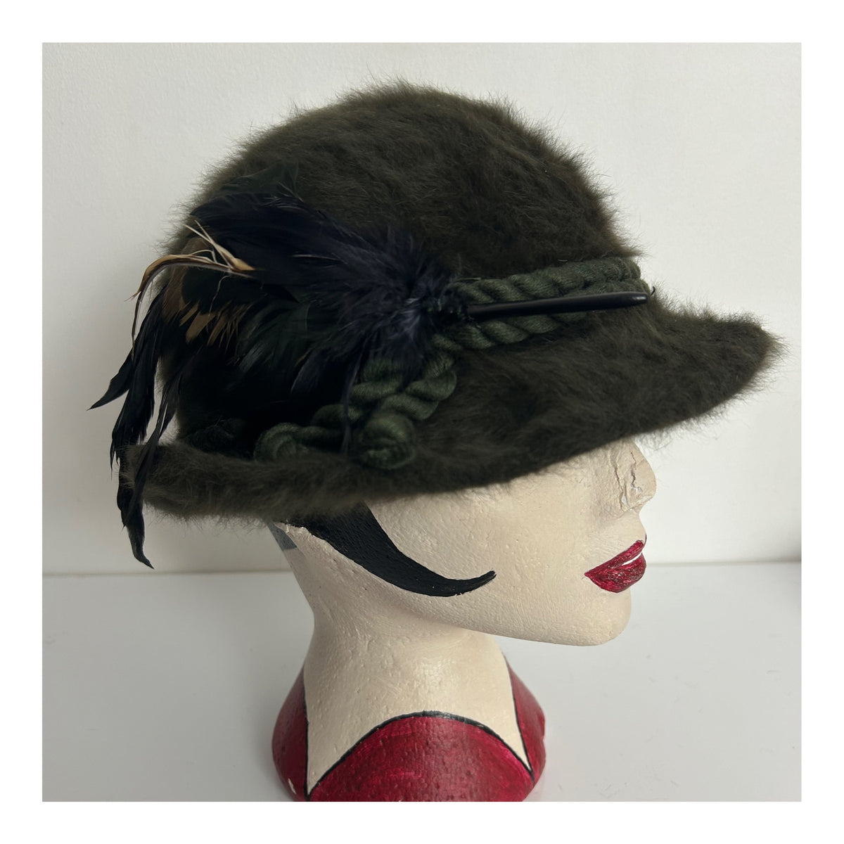 Vintage Austrian Dark Moss Green Angora Mix Rope Braid & Feather Trim Trilby Style Hat
