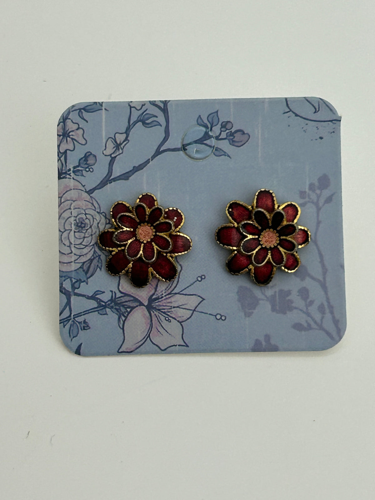 Vintage Gold Tone & Red Cloisonne Enamel Flower Earrings