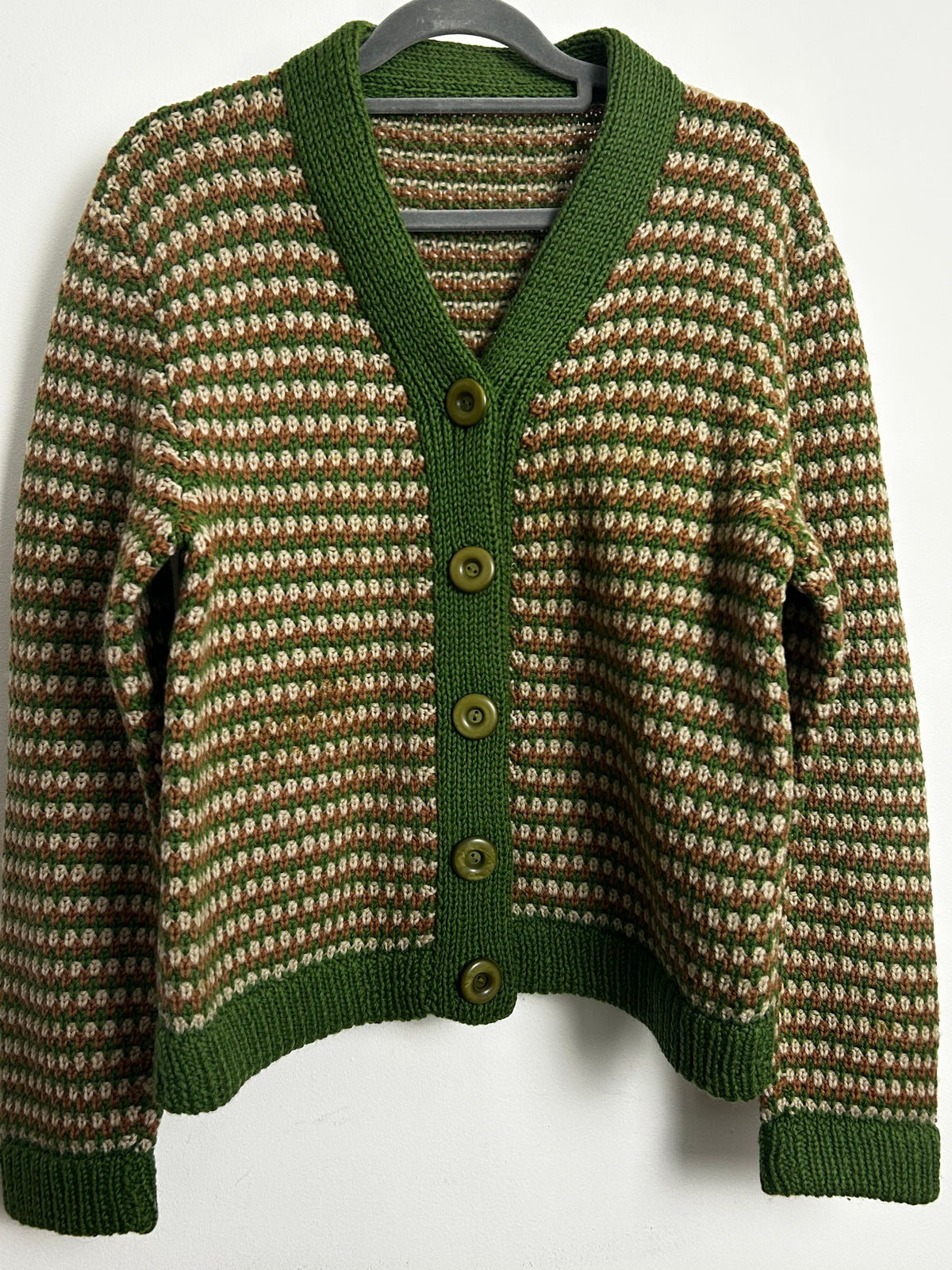 Vintage 1960s Size 10-12 Green Brown & Cream Chunky Knit Wool Cardigan