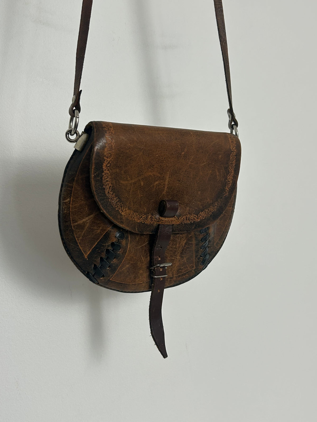 Vintage 1980s Small Handmade Distressed Western Style Crossbody Leather Saddle Bag