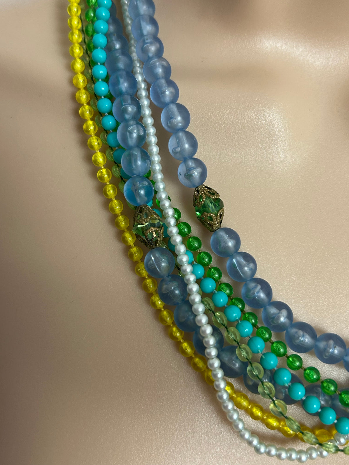 Vintage 1960s Blue Green & Yellow Plastic Bead Multi Strand Necklace With Pretty Clasp
