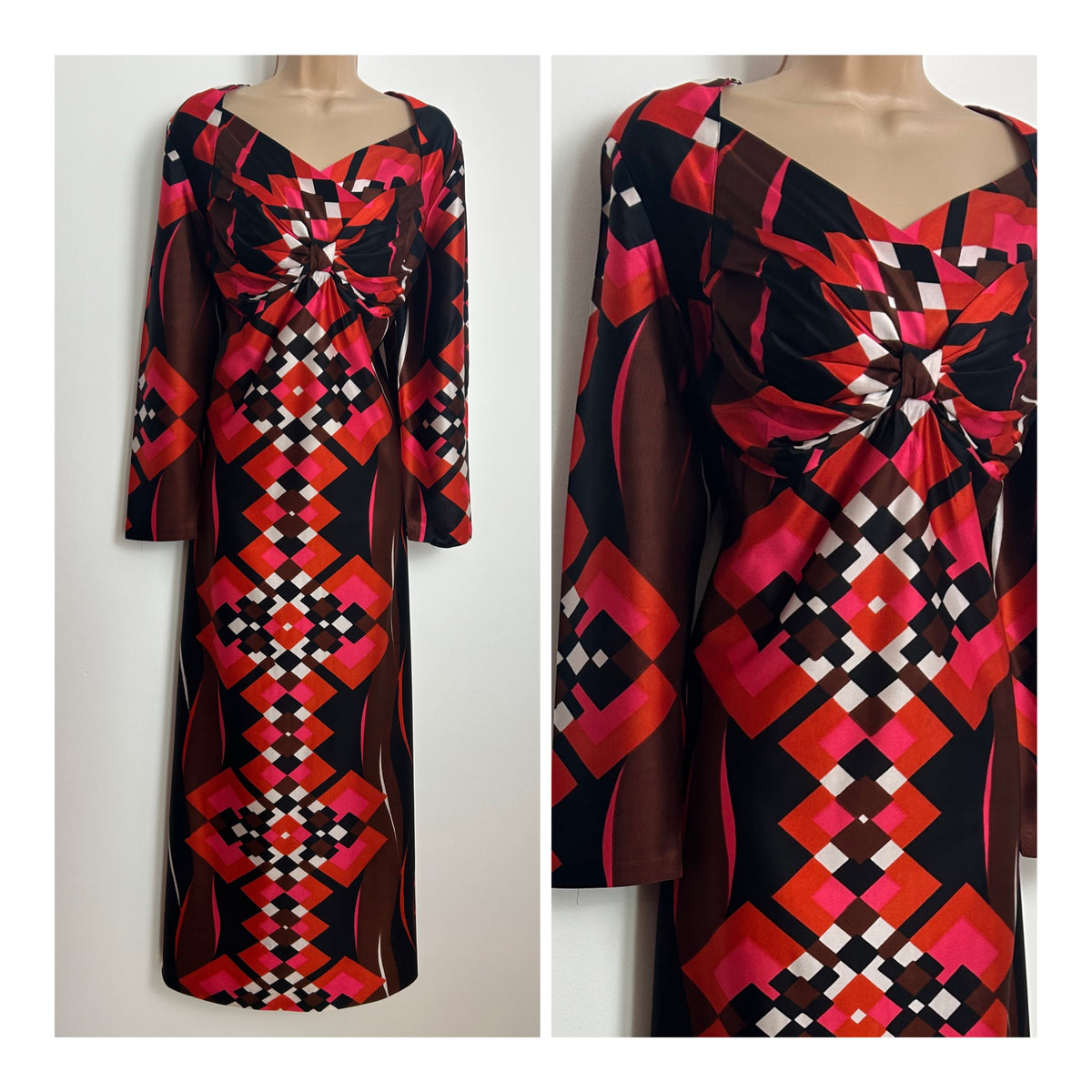Vintage 1970s Size 16 Black Pink Red Brown & White Geo Print Long Sleeve Maxi Dress