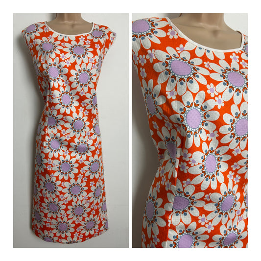 Vintage Late 1960s Size 16 Orange White & Lilac Daisy Floral Summer Mod Cotton Shift Dress