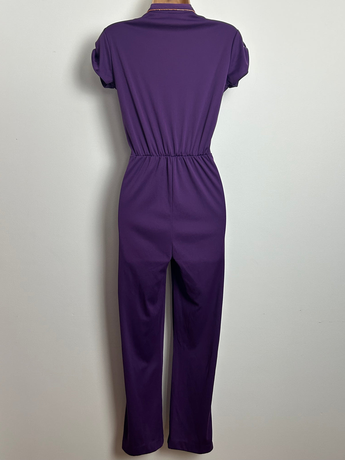 Vintage Early 1980s J.C Penney Purple & Bronze Piping Trim Straight Leg Jumpsuit