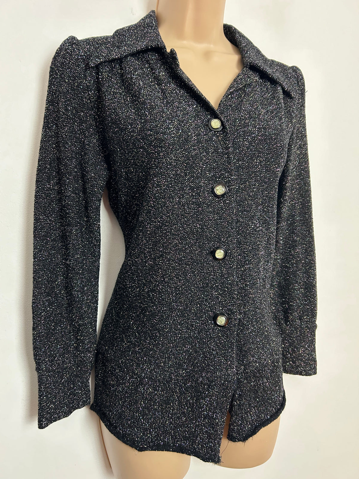 Vintage 1970s UK Size 10 Black Glittery Lurex Long Sleeve Shirt Top