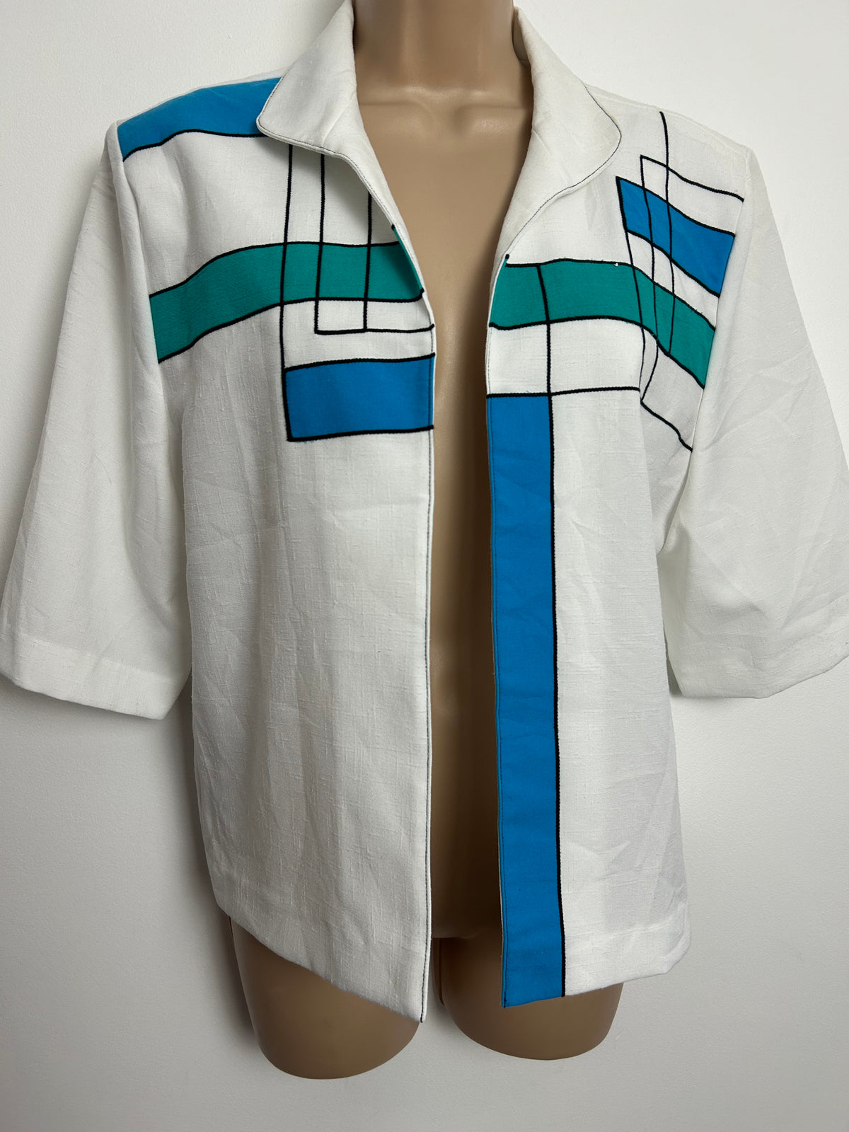 Vintage 1980s Up To Size 14 White Blue & Green Abstract Pattern Open Font Cover Up Shirt