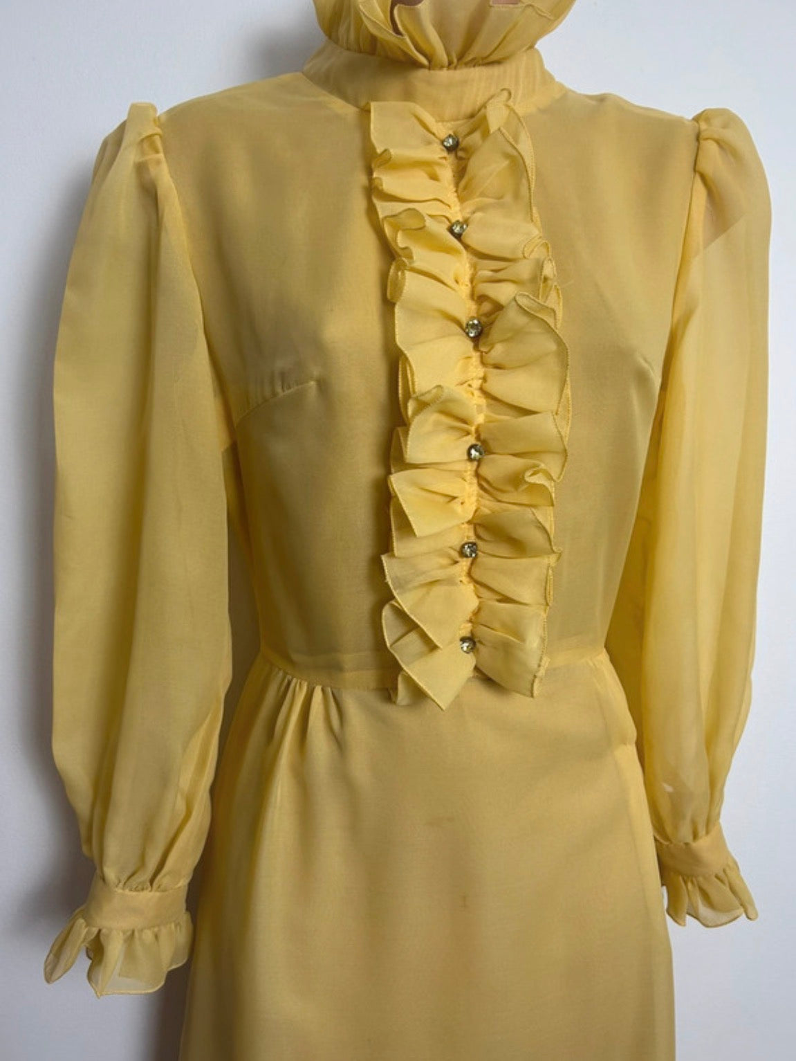 Vintage 1970s Size 6-8 Mustard Yellow Ruffle Trim Long Sleeve Prairie Maxi Dress