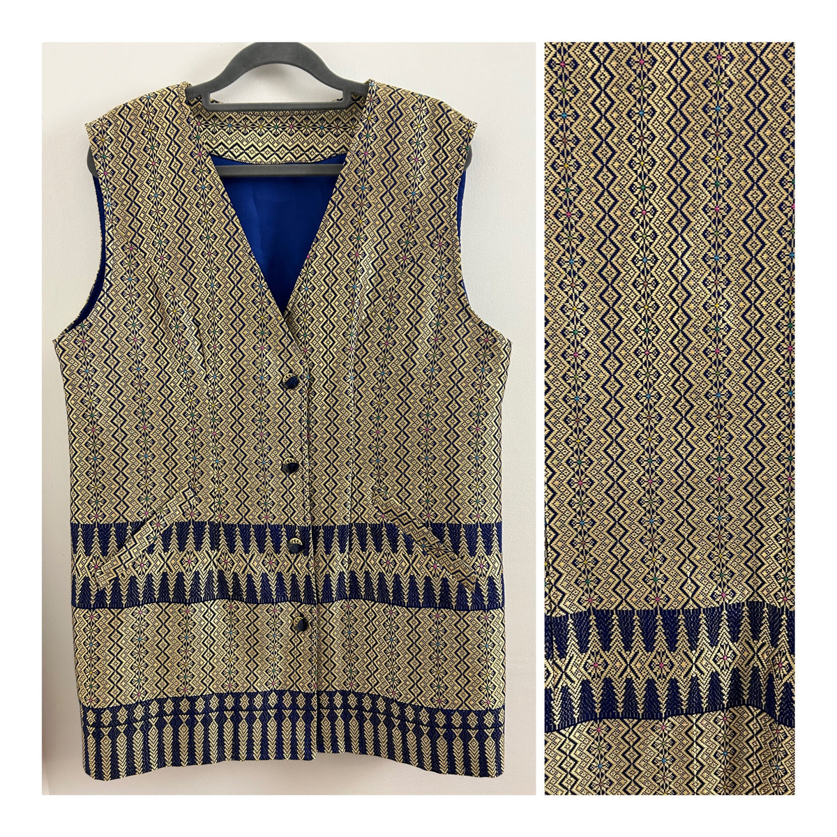 Vintage UK Size 14-16 Gold & Blue Woven Silk Abstract Pattern Tunic Waistcoat