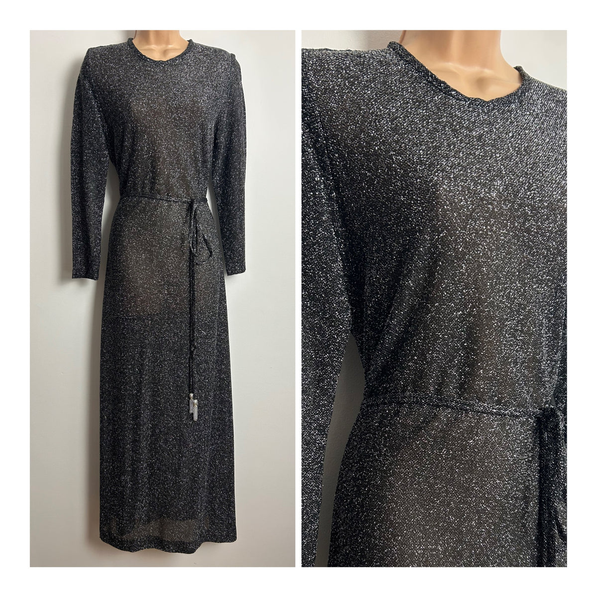 Vintage 1970s SIMON ELLIS Size 10 Black & Silver Lurex Long Sleeve Belted Evening Maxi Dress