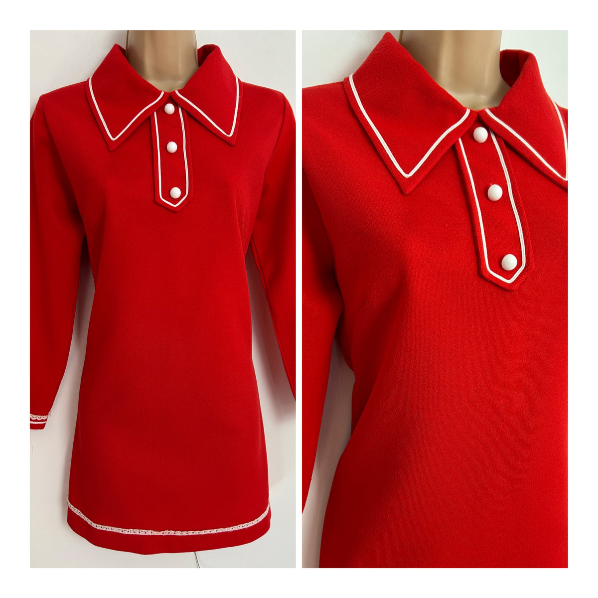 Vintage 1960s UK Size 10-12 Red Crimplene White Trim Mini Mod Shift Dress