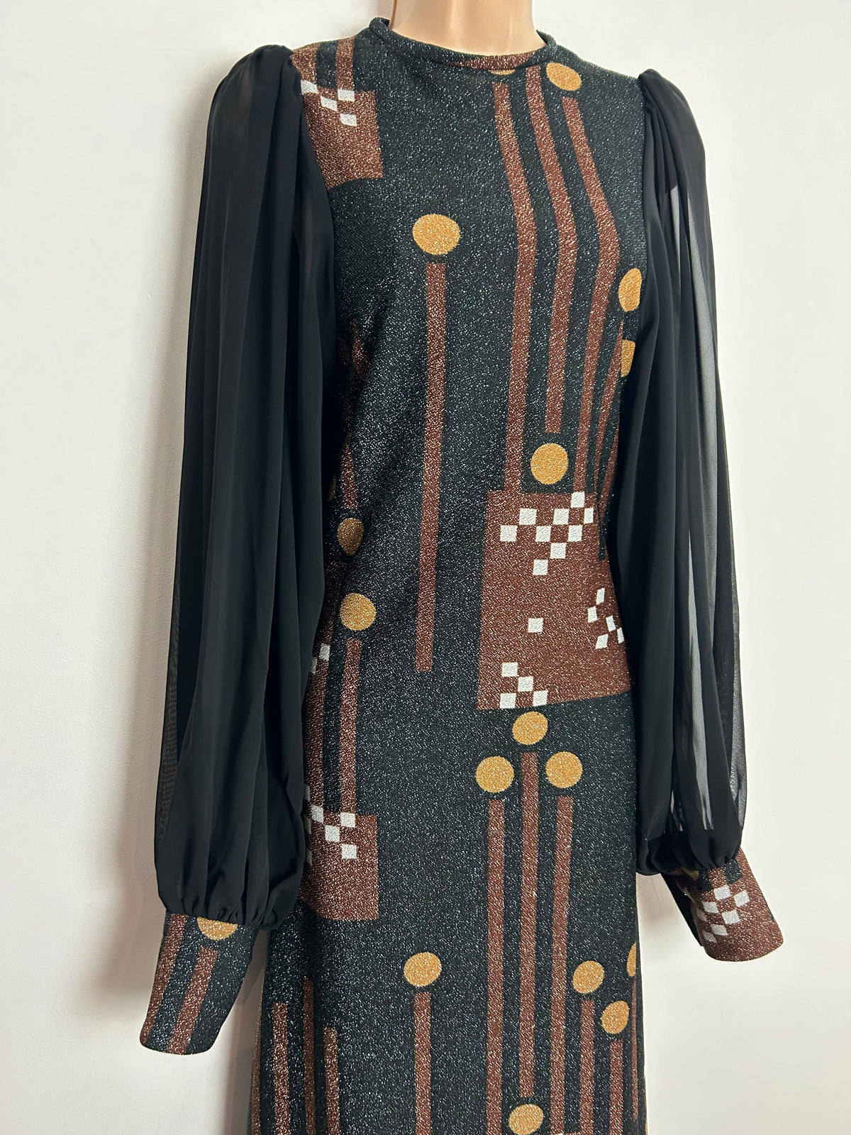 Vintage Early 1970s FIONA UK Size 6-8 Black Bronze & Sandy Beige Lurex Stripe Circle & Geo Print Long Sleeve Occasion Maxi Dress