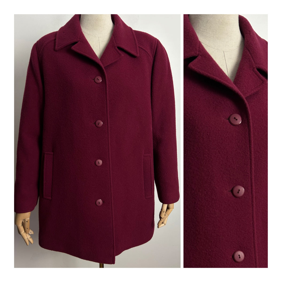 Vintage EASTEX UK Size 16 Dark Red Pure New Wool Lined Coat