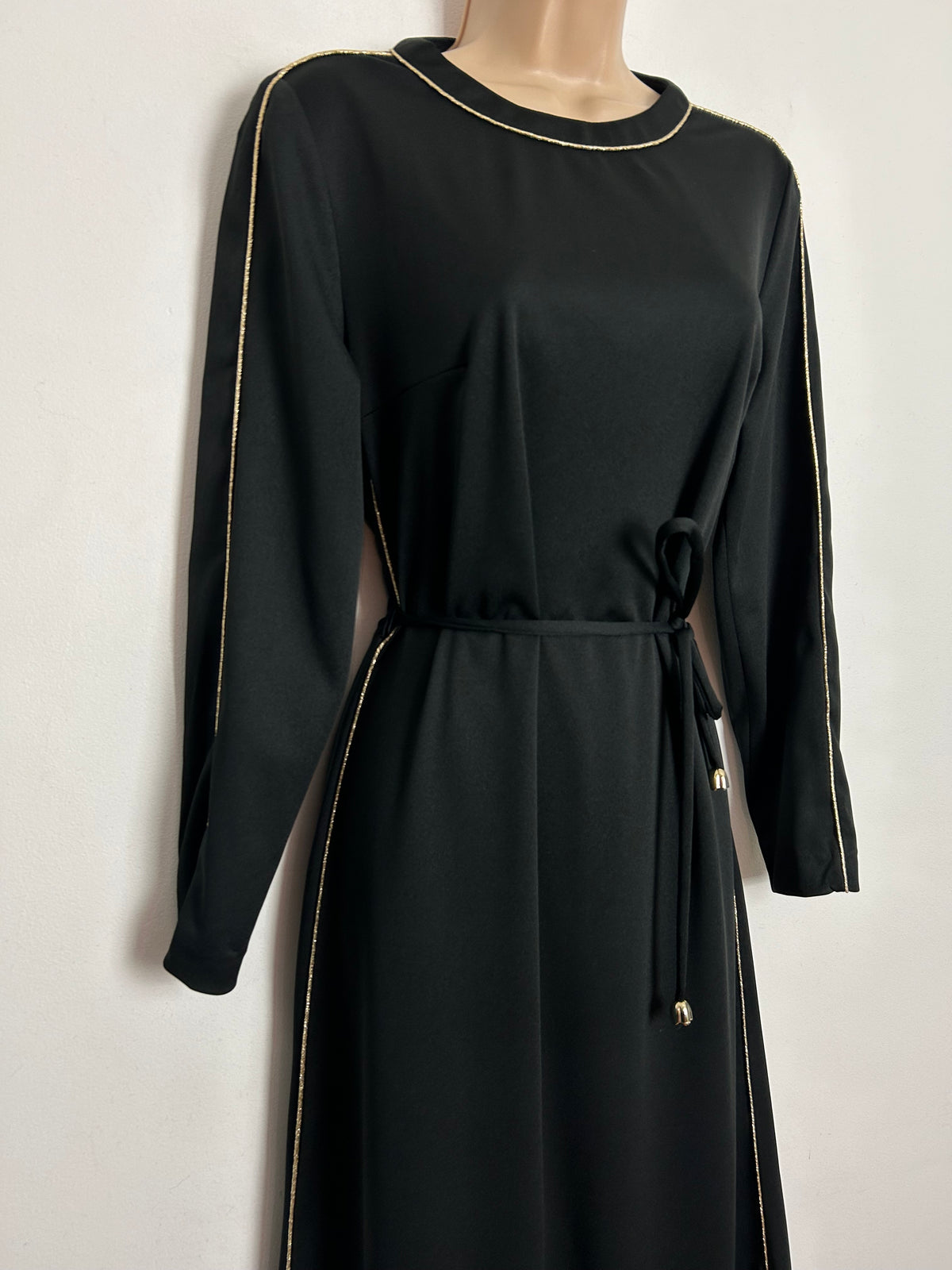 Vintage 1970s UK Size 10-12 Black & Metallic Gold Piping Trim Long Sleeve Belted Maxi Dress