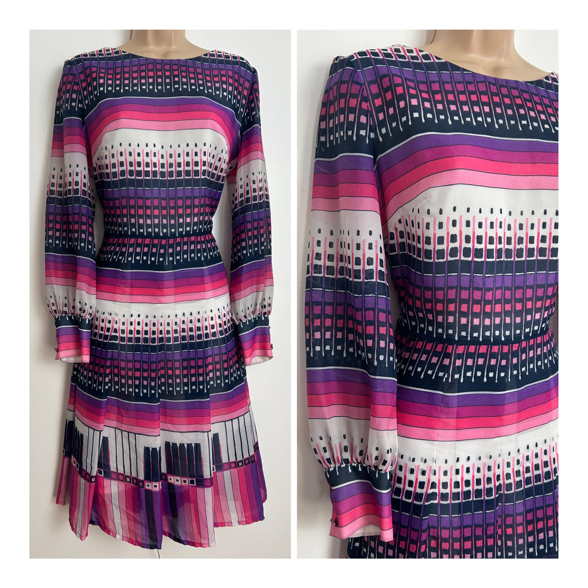 Vintage 1970s EIN FINK Size 12 Black White Pink & Purple Geometric & Stripe Print Long Sleeve Pleated Dress