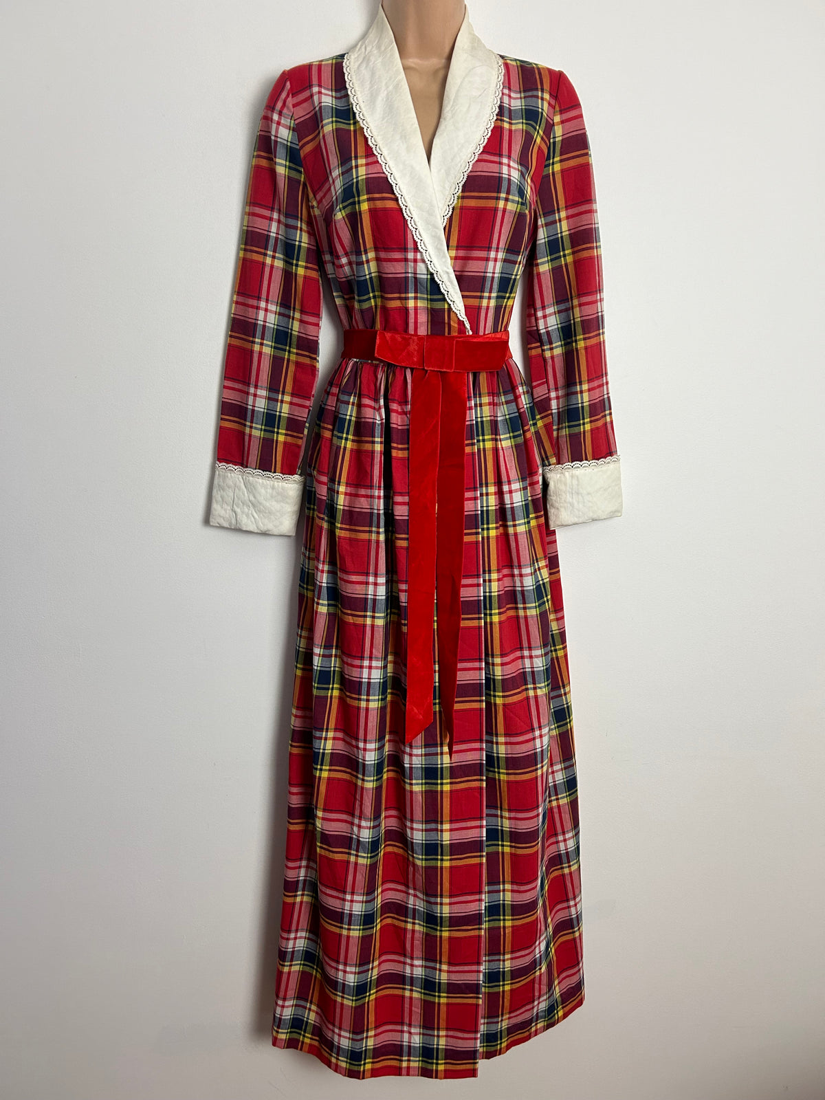 Vintage 1970s FURSTENBERG UK Size 10 Red Tartan Check Removeable Collared Full Wrap Belted Maxi Dress
