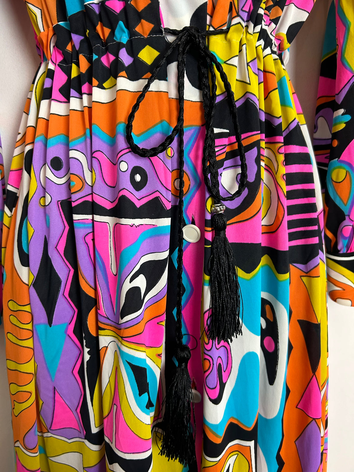 Vintage 1970s UK Size 8/10/12 Vibrant Pink Orange Blue Purple & Yellow Abstract Psychedelic Print Long Sleeve Maxi Dress