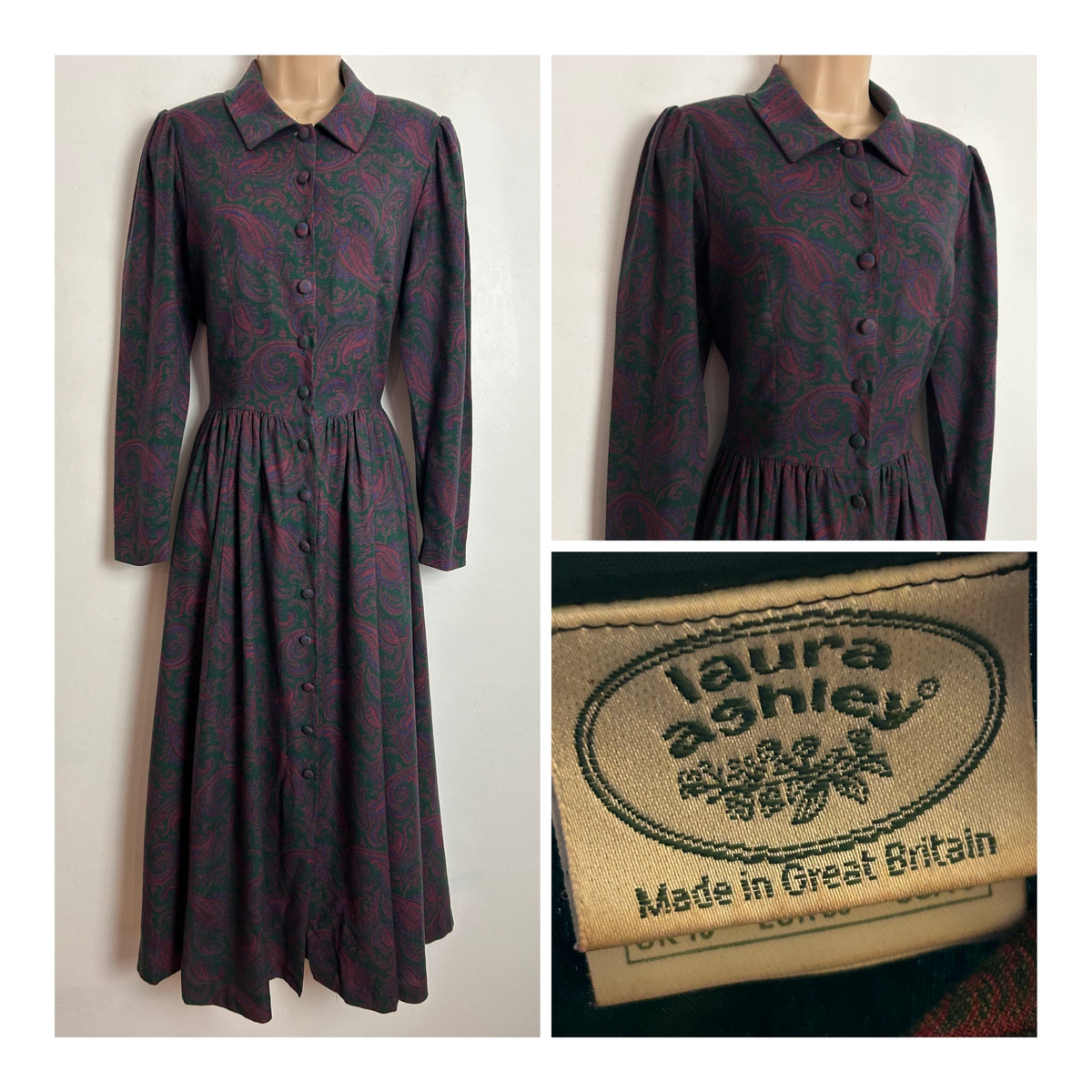 Vintage 80s LAURA ASHLEY UK 8-10 (Size 10 On Label) Very Dark Pink & Dark Green Floral Paisley Wool Mix Day Dress