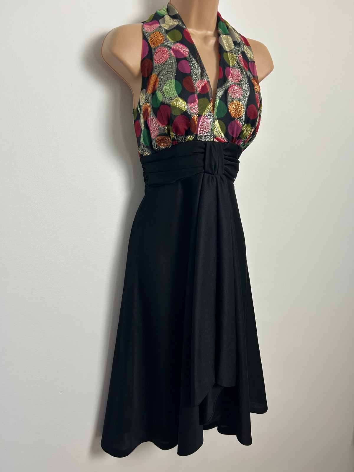Vintage 1970s Size 6-8 Black Green Purple Maroon & Gold Lurex Spot Pattern Evening Party Dress