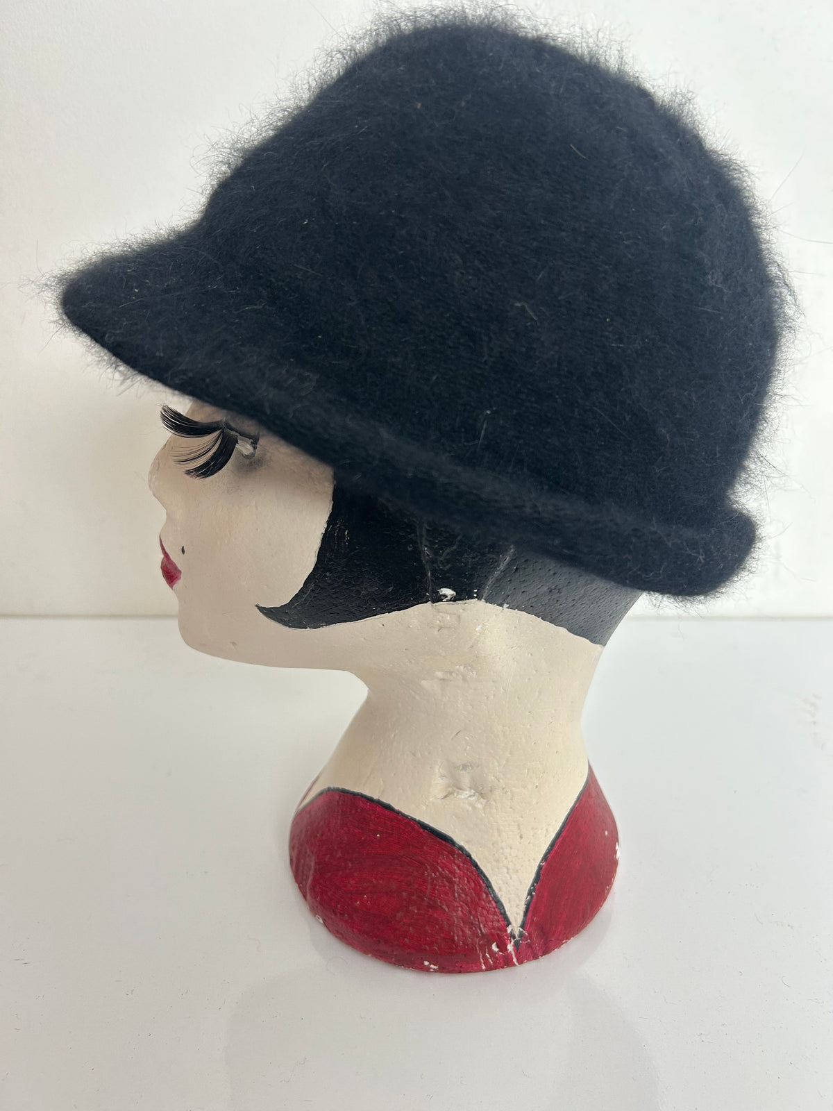 Vintage Italian Black Angora & Wool Mix Small Peaked Hat