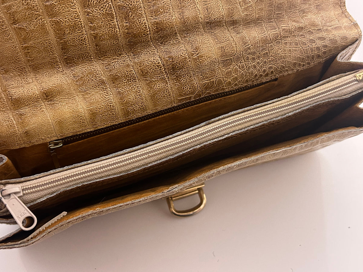 Vintage 1970s Camel Colour Reptile Mock Croc Grab Handle Handbag