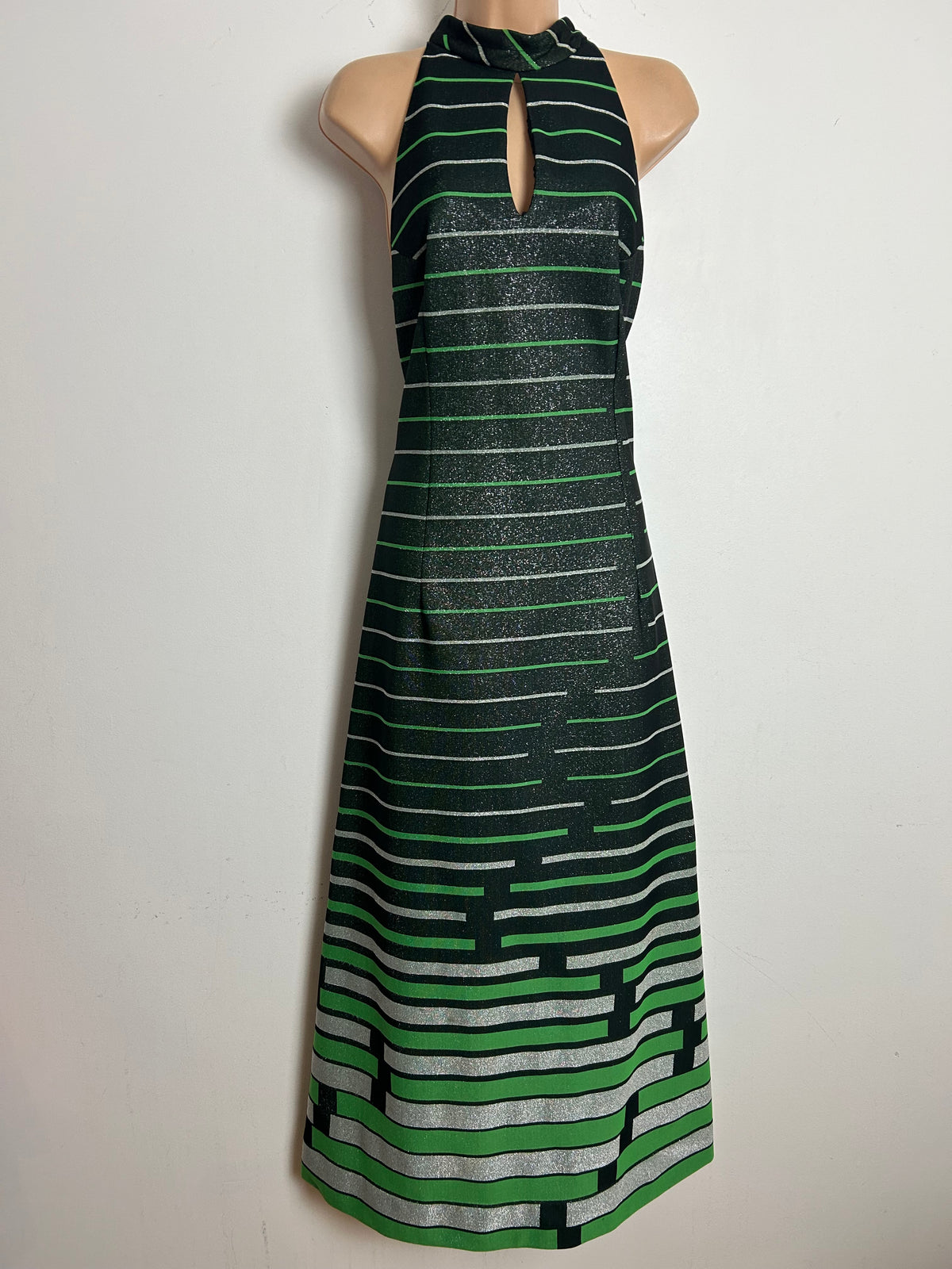 Vintage 1970s LEROSE Size 12 Black Silver & Green Stripe Keyhole Lurex Sleeveless Occasion Maxi Dress