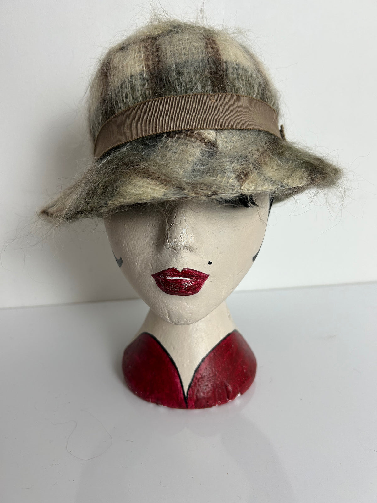 Vintage Brown & Beige Check Wool & Angora Mix Trilby Style Hat