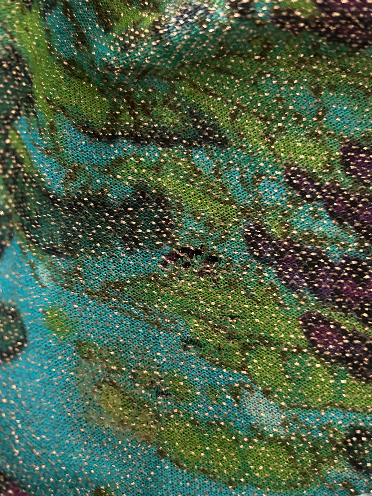 Vintage 1970s EASTEX Size 10-12 Green Purple & Turquoise Abstract Print Lurex Shimmery Occasion Maxi Dress