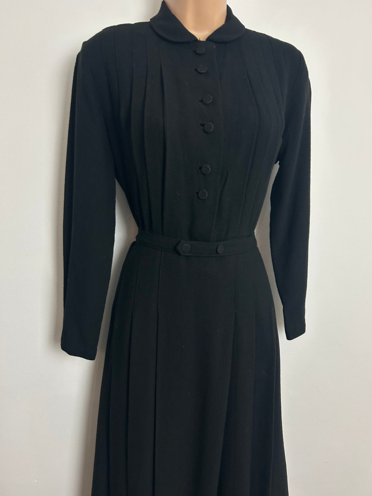 Vintage 1940s Size 12 Black Woven Rayon Pleated Belted Tea Day Dress