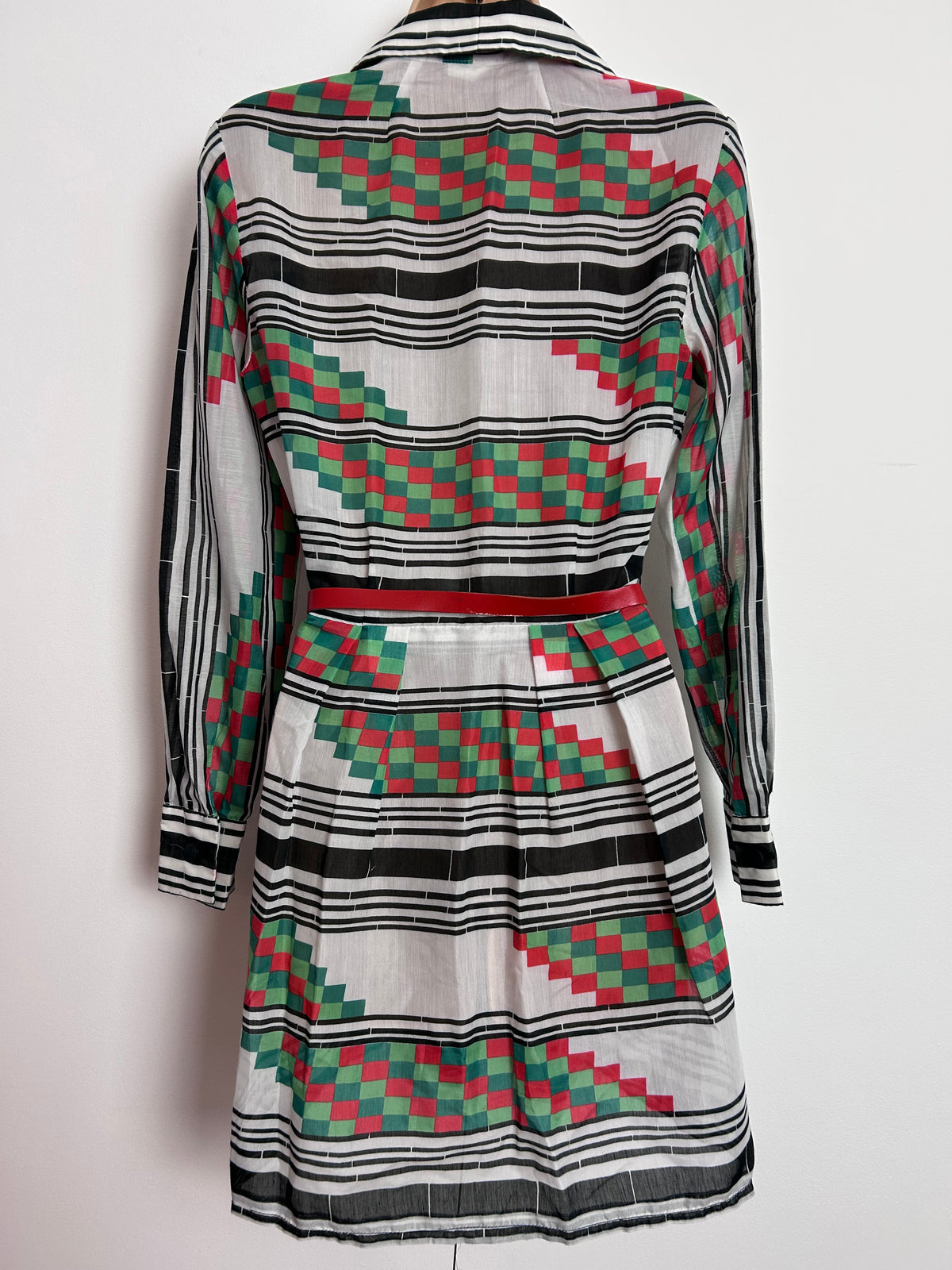Vintage 1970s CAROLETTE MADE IN DENMARK UK Size 10 Cute Black White Red & Green Check & Stripe Print Belted Mini Mod Dress