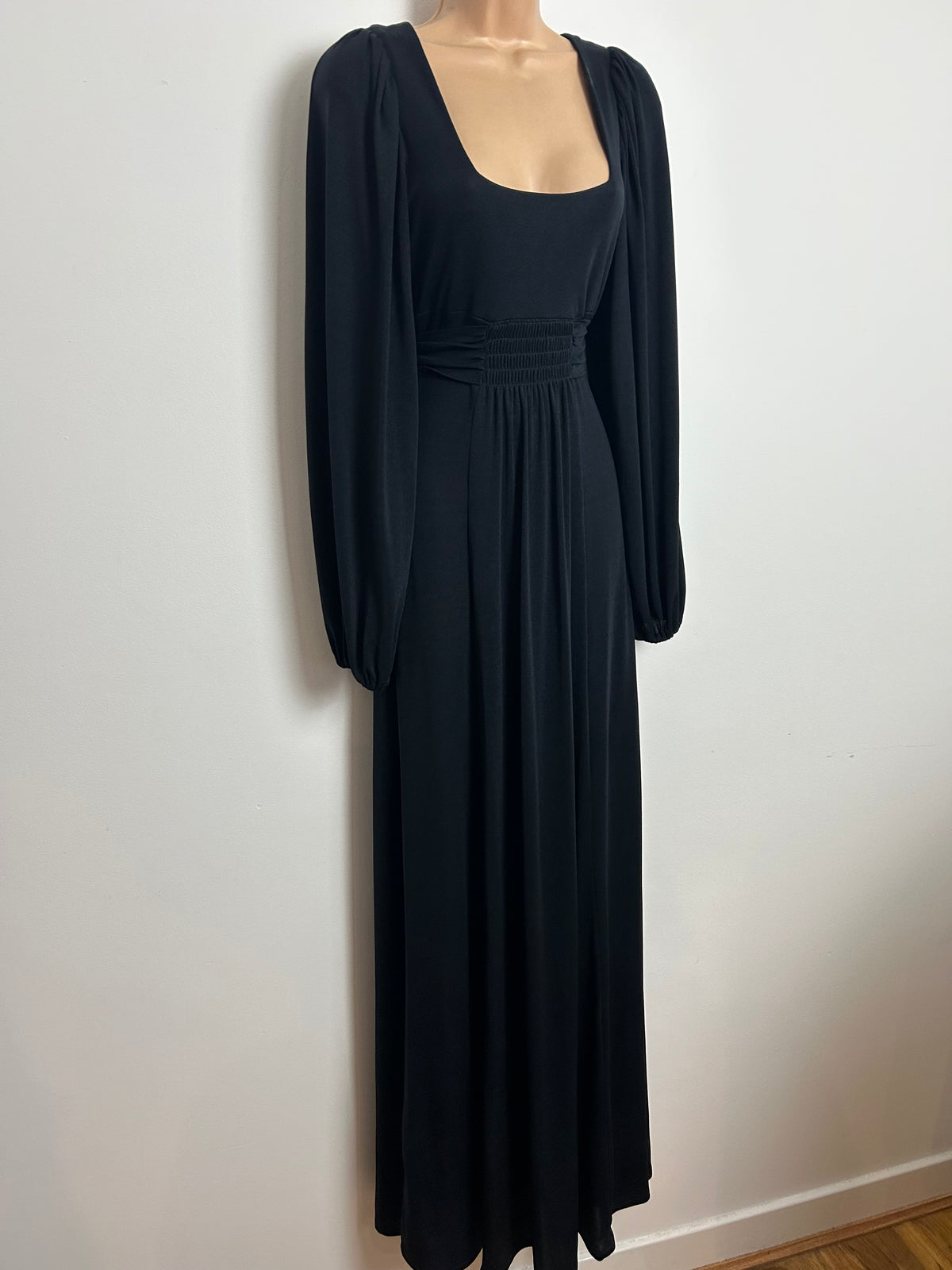 Vintage 1970s ZANIE Size 6 Black Long Sleeve Tie Back Empire Line Maxi Dress