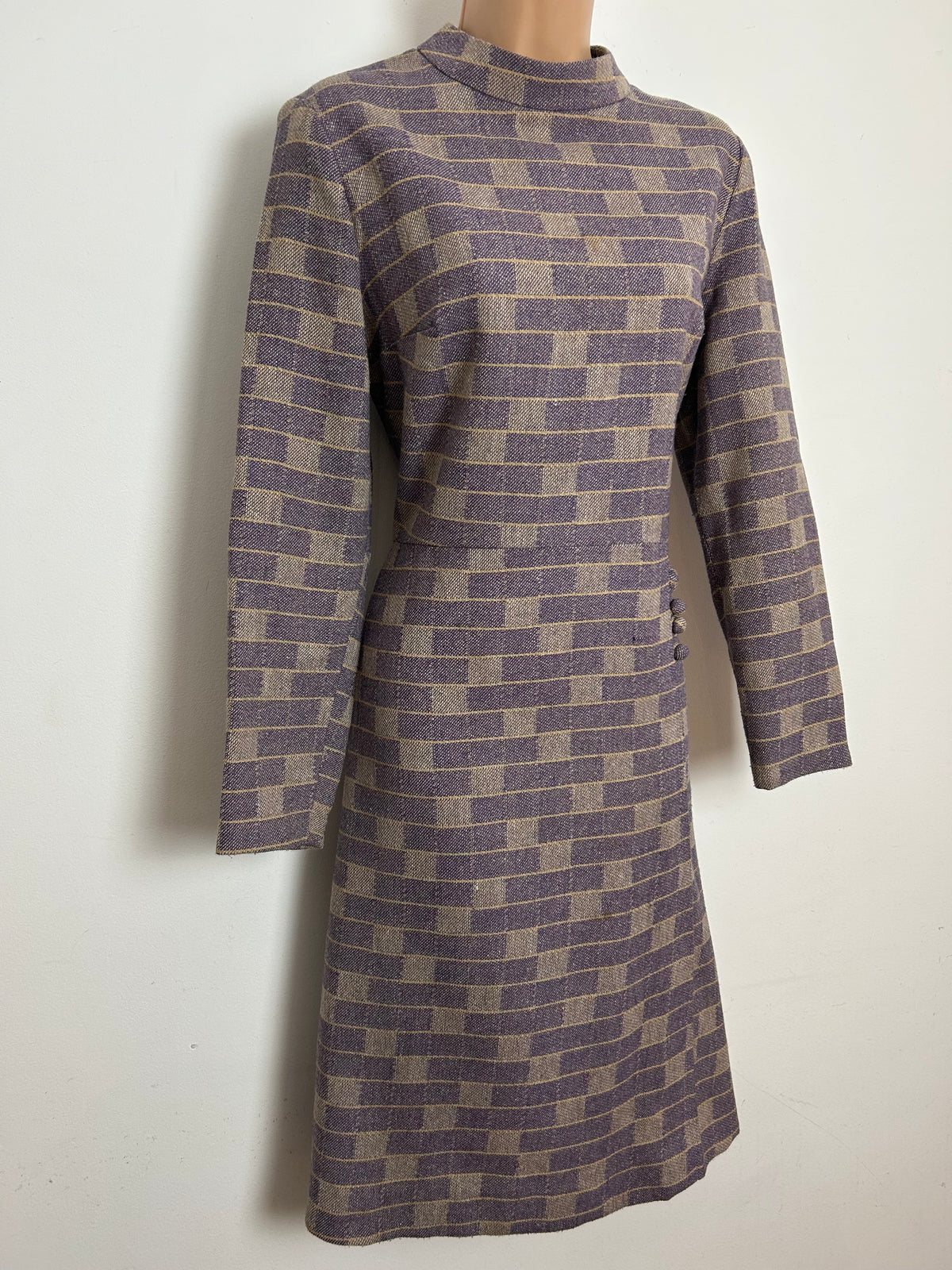 Vintage 1960s DANDI BY BERKERTEX Size 12-14 Mauve & Beige Check Print Wool Mix Mod Dress
